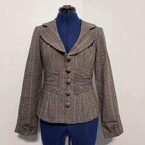 Vintage Y2K Wool Blend Gray Plaid Blazer Size 4
